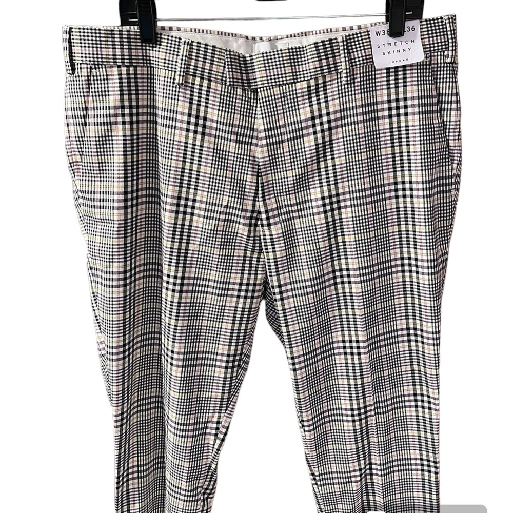 Topman Pants Mens W38 L36 Stretch Skinny Plaid Printed Trouser Business Casual - Picture 5 of 10